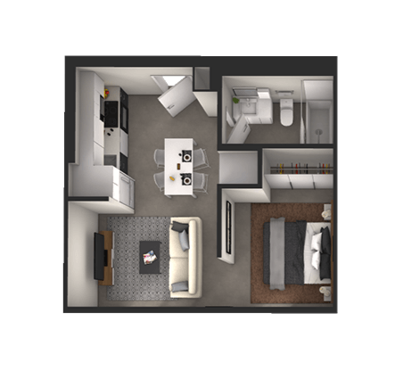 a 1 bedroom floor plan with a bathroom and a living room